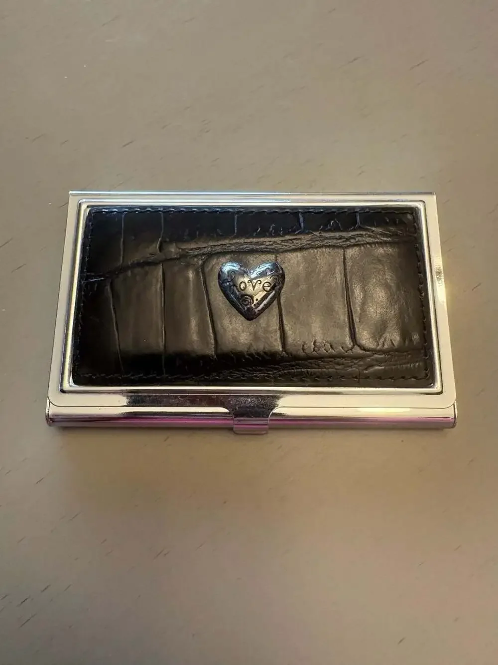 Brighton Love Beat Business Card Case Black Croc Leather Silver Heart